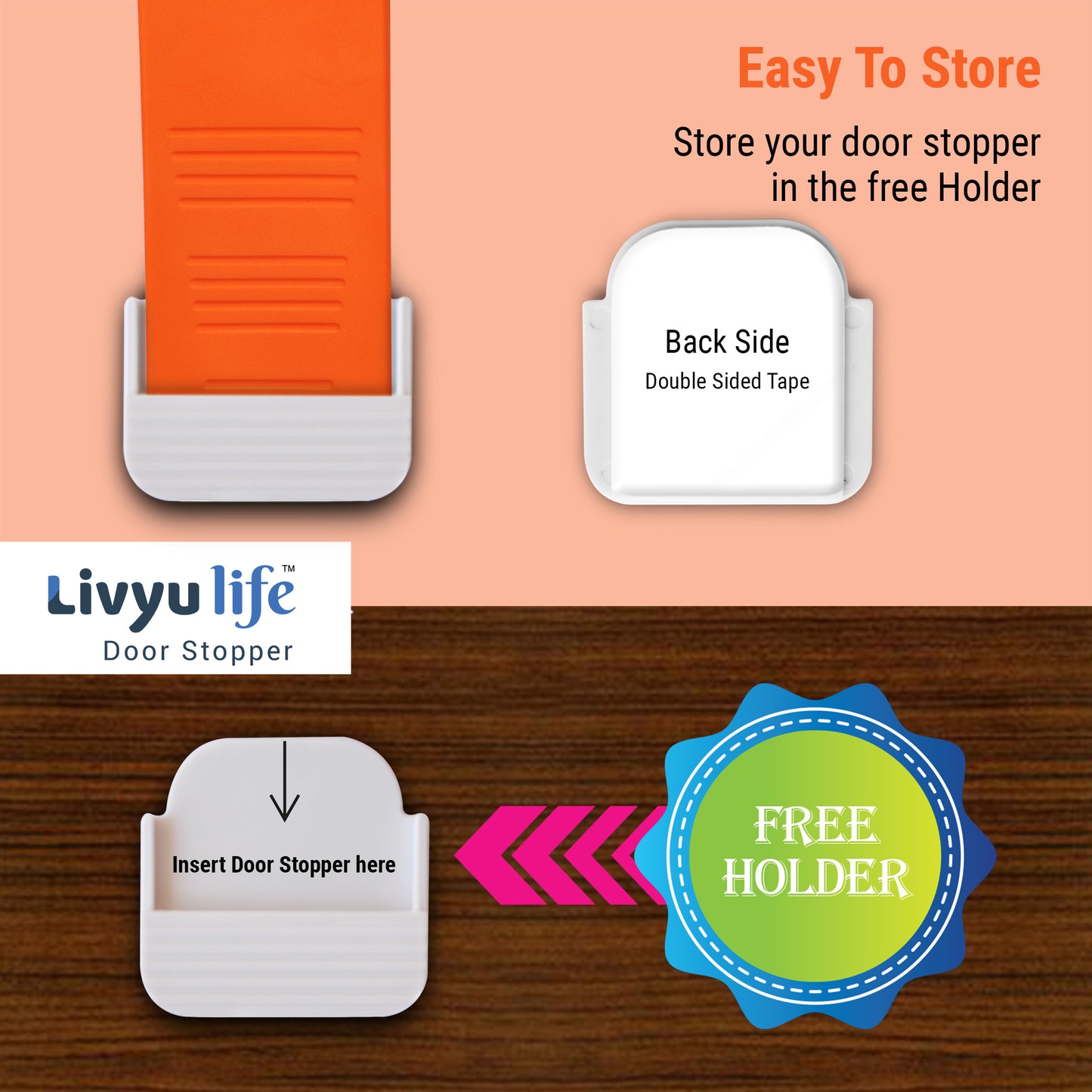 LIVYU LIFE rubber door stopper,slip-resistant on floor,orange,3pc