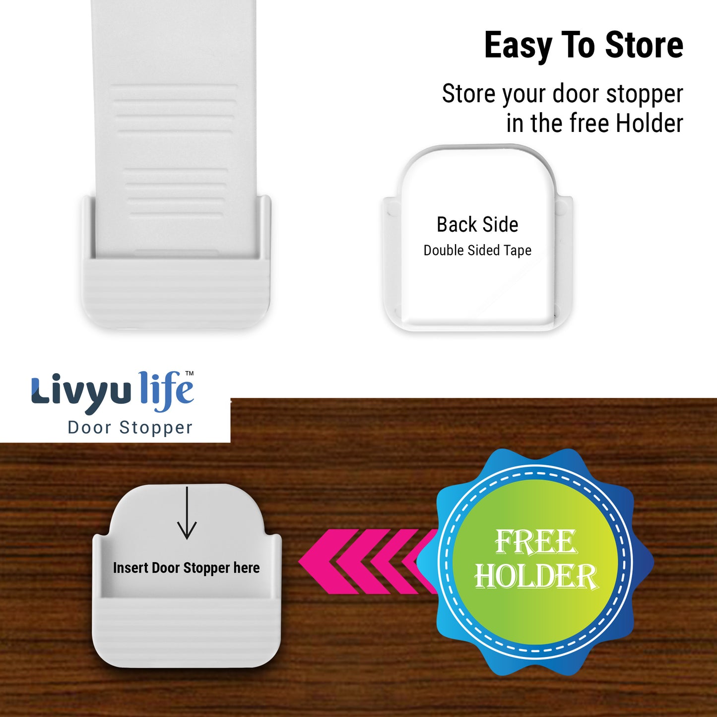 LIVYU LIFE rubber door stopper,slip-resistant on floor,white,3pcs