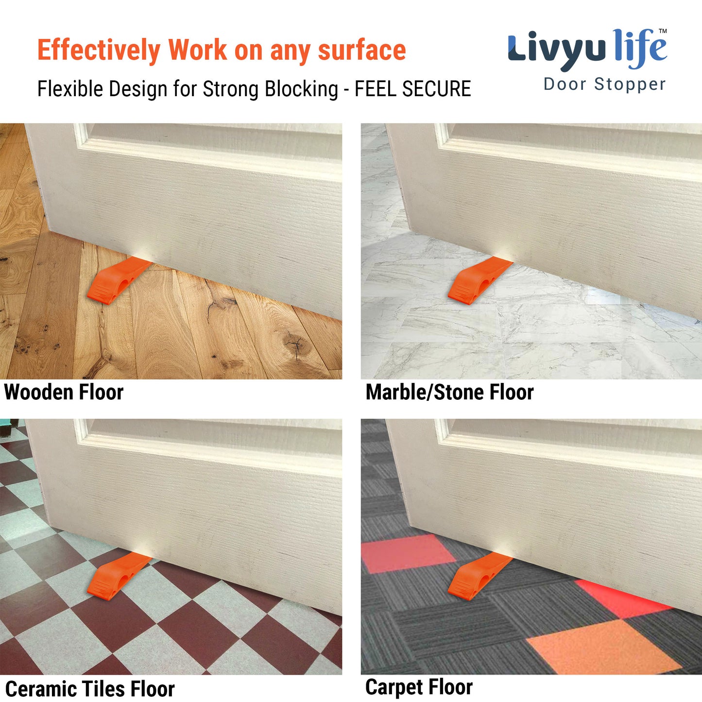 LIVYU LIFE rubber door stopper,slip-resistant on floor,orange,3pc